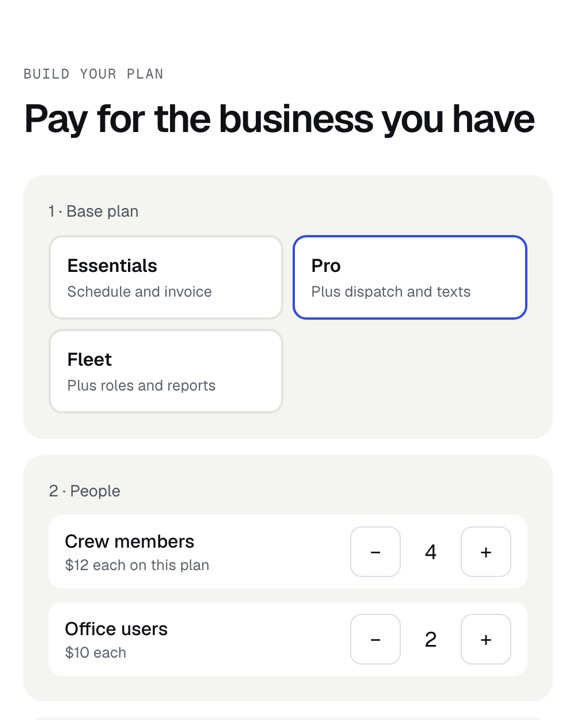 Screenshot of the Pricing / Plan builder section